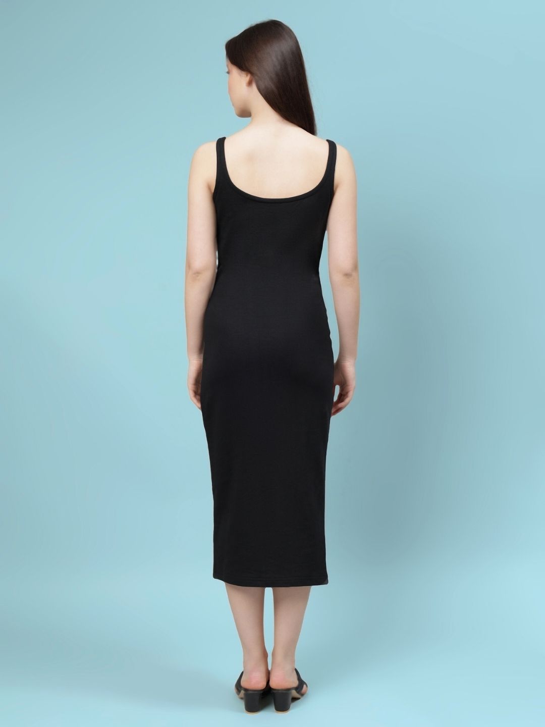 WOMEN'S BODYCON MIDI DRESS WITH THIGH-HIGH SLIT (BLACK)