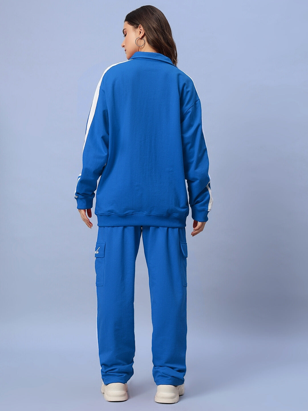 Back view of a woman wearing a royal blue WOMEN'S SCOTIA CO-ORD SET made of 100% cotton terry fabric.
