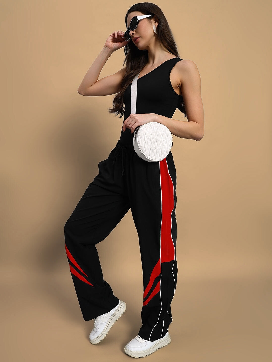 Women's Versatile Parachute Cargo Pants (Black-Red)