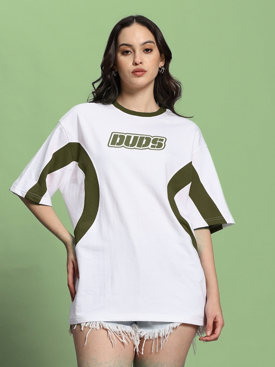 WOMEN'S EZEL OVER SIZED T-SHIRT (WHITE OLIVE GREEN)