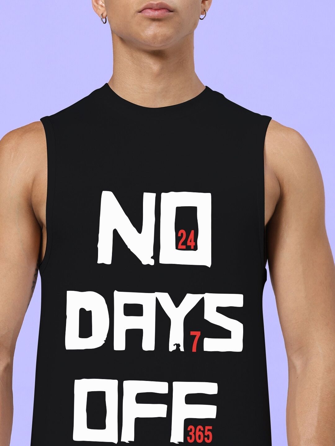 Man wearing NO DAYS OFF GYM CO-ORD SET BLACK ROYAL BLUE, close-up of sleeveless shirt design with motivational text