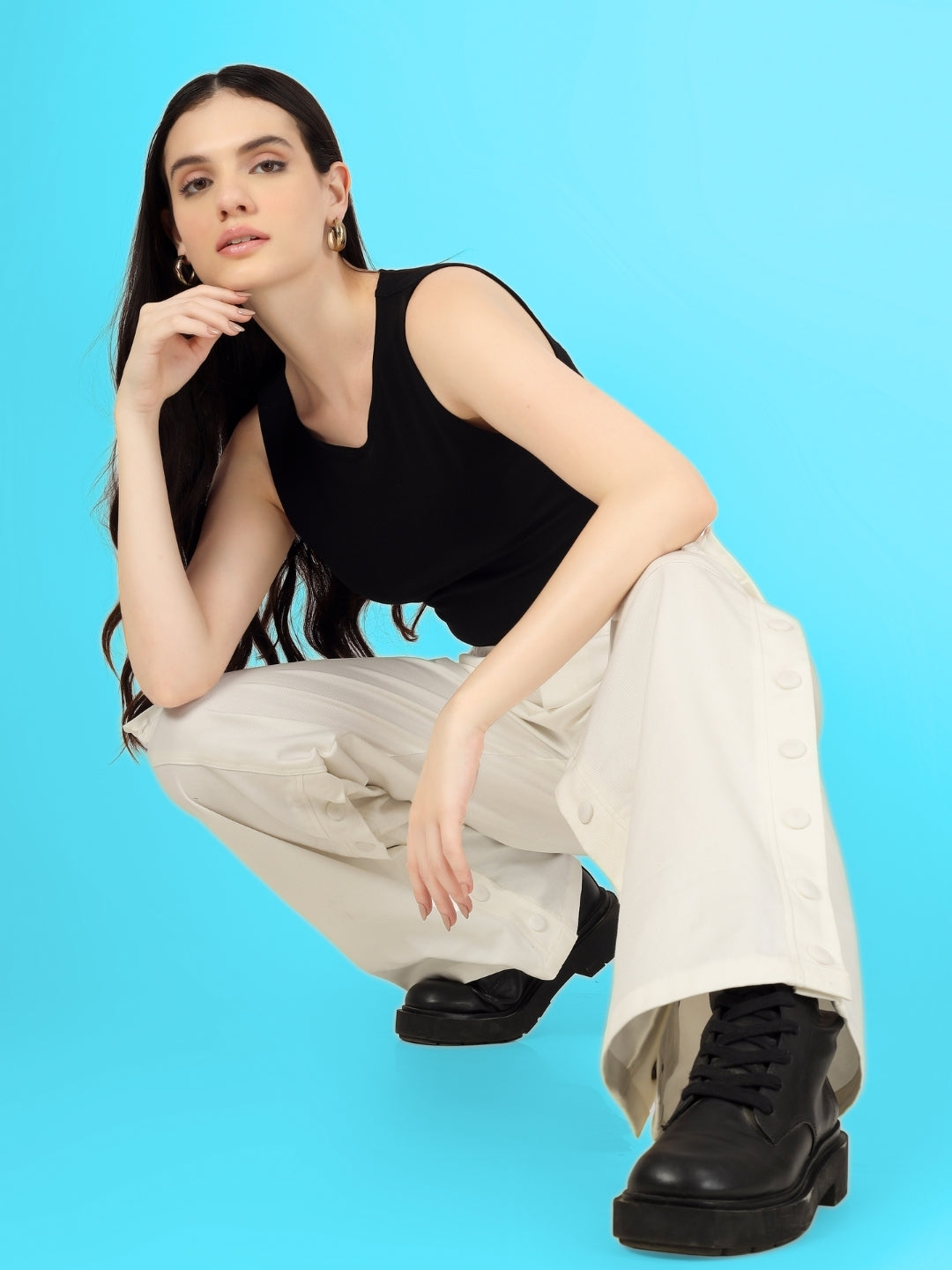 Women's Side Slit Button Cargo pants White