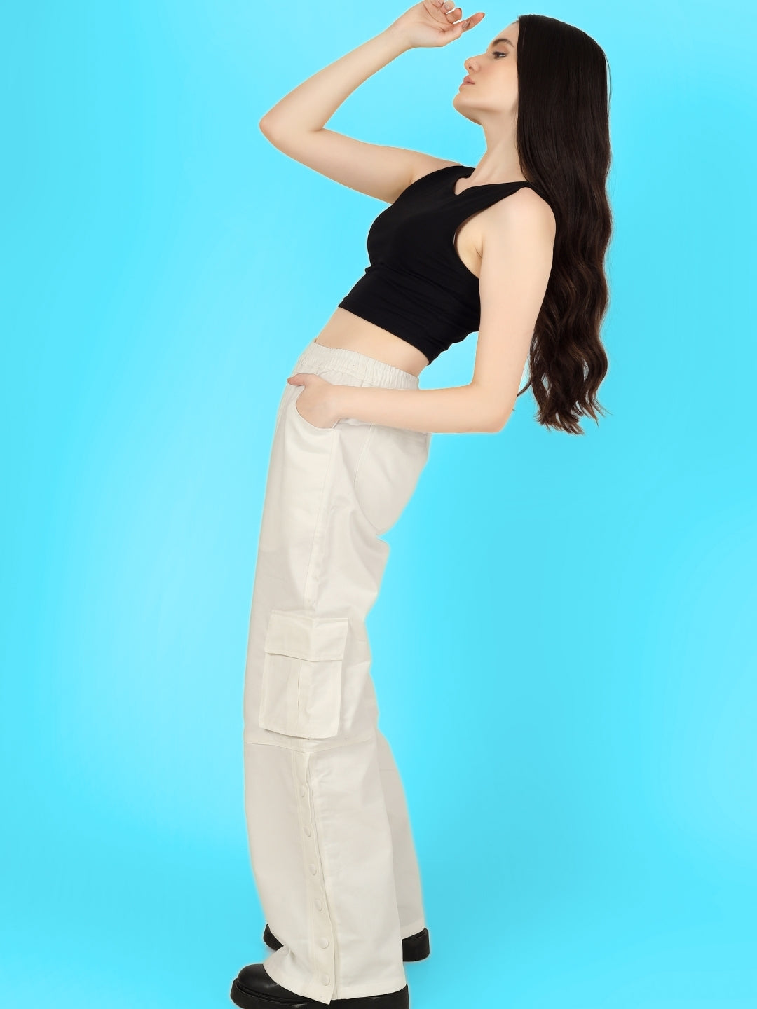 Women's Side Slit Button Cargo pants White