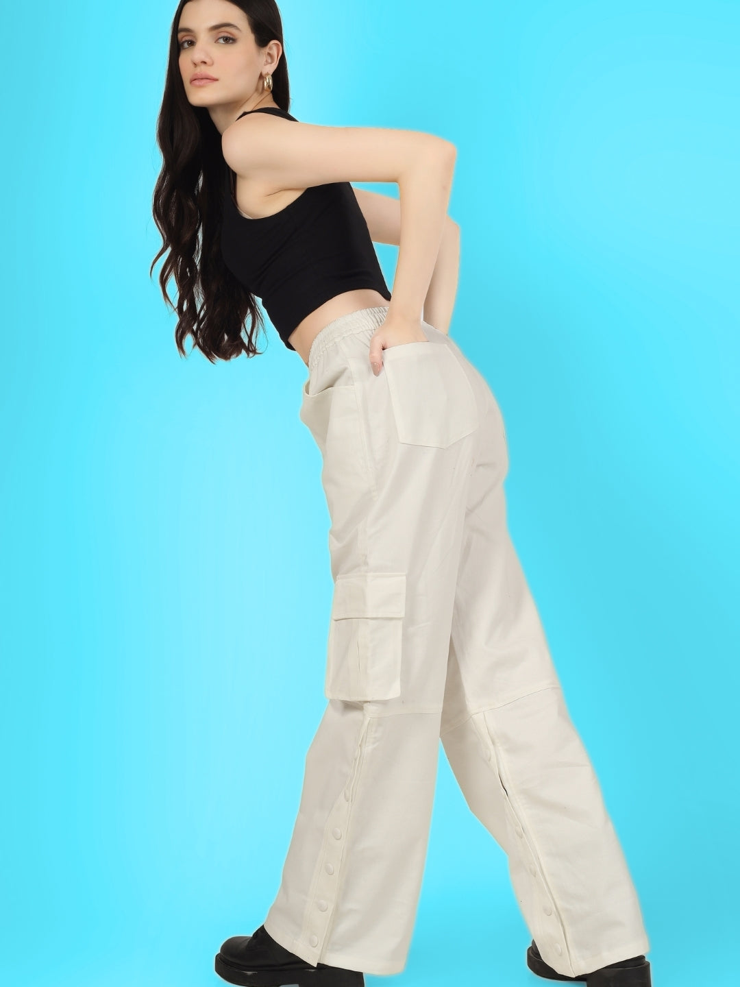 Women's Side Slit Button Cargo pants White