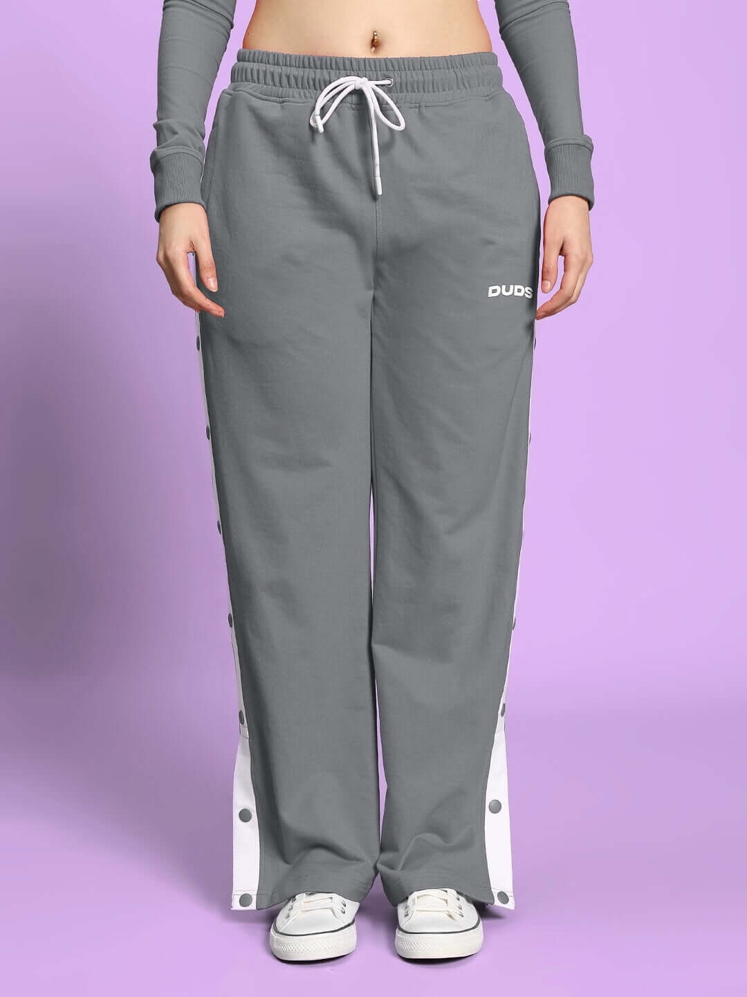 Women's Ezel Relaxed Fit Jogger in Grey shown front view, featuring drawstring waist and casual style, made by DUDS.