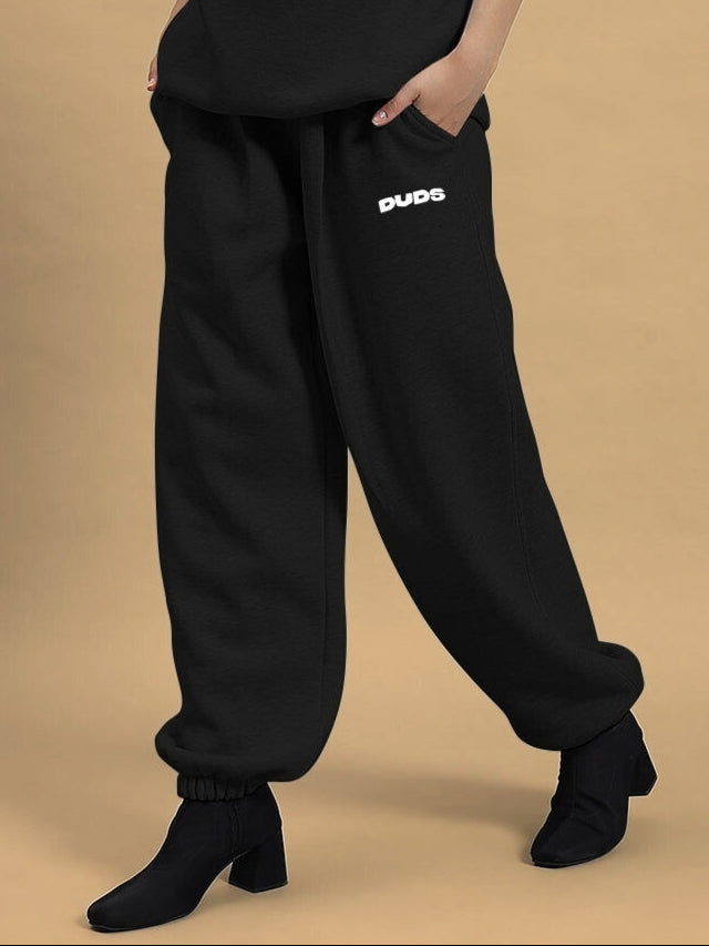 Women's Bona-Fide Fleece Pants in Black with "Duds" Logo, Featuring Comfortable Fit and Stylish Design