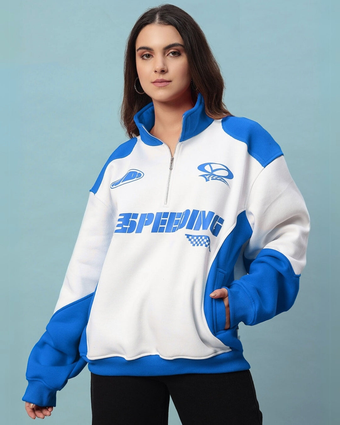 Women's Speeding Colorblock Jacket in Royal Blue fleece with relaxed fit, bold colorblock style, shown on a background, perfect for casual wear.
