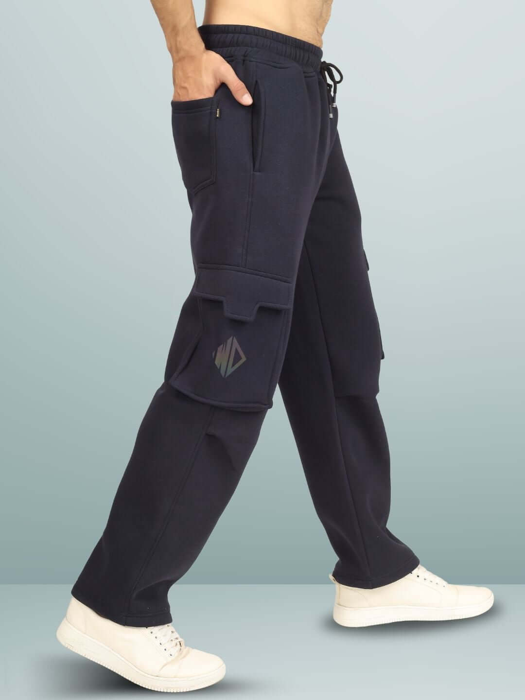 Model wearing 5 POCKET FLEECE SOLID CARGO PANT NAVY BLUE