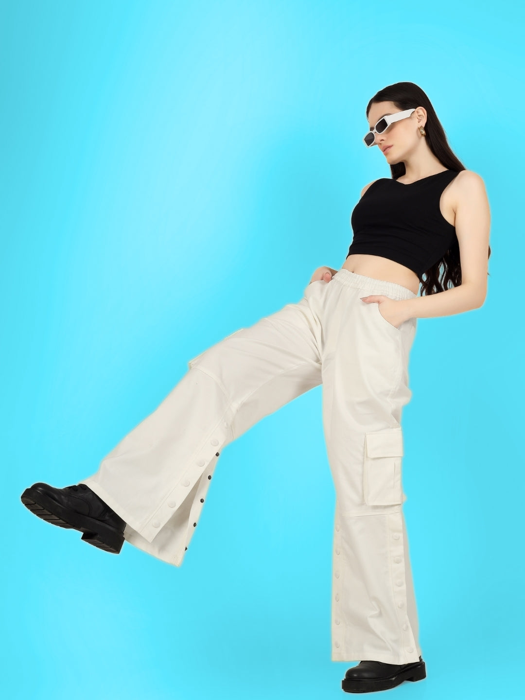 Women's Side Slit Button Cargo pants White
