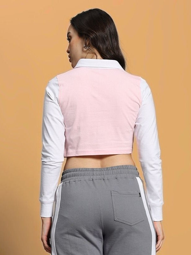 WOMEN'S FLORA REGULAR SLEEVES CROP TOP (PINK WHITE)