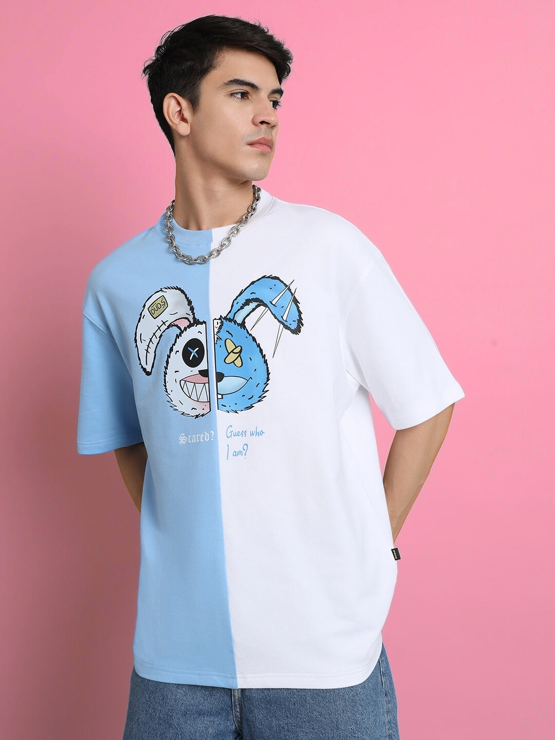 Scared Teddy Oversized T-Shirt (Sky Blue-White)
