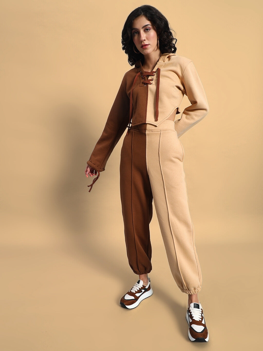 Women's beige-brown Sophie co-ord set, featuring a stylish top and joggers made from soft fabric for a chic, comfortable look.