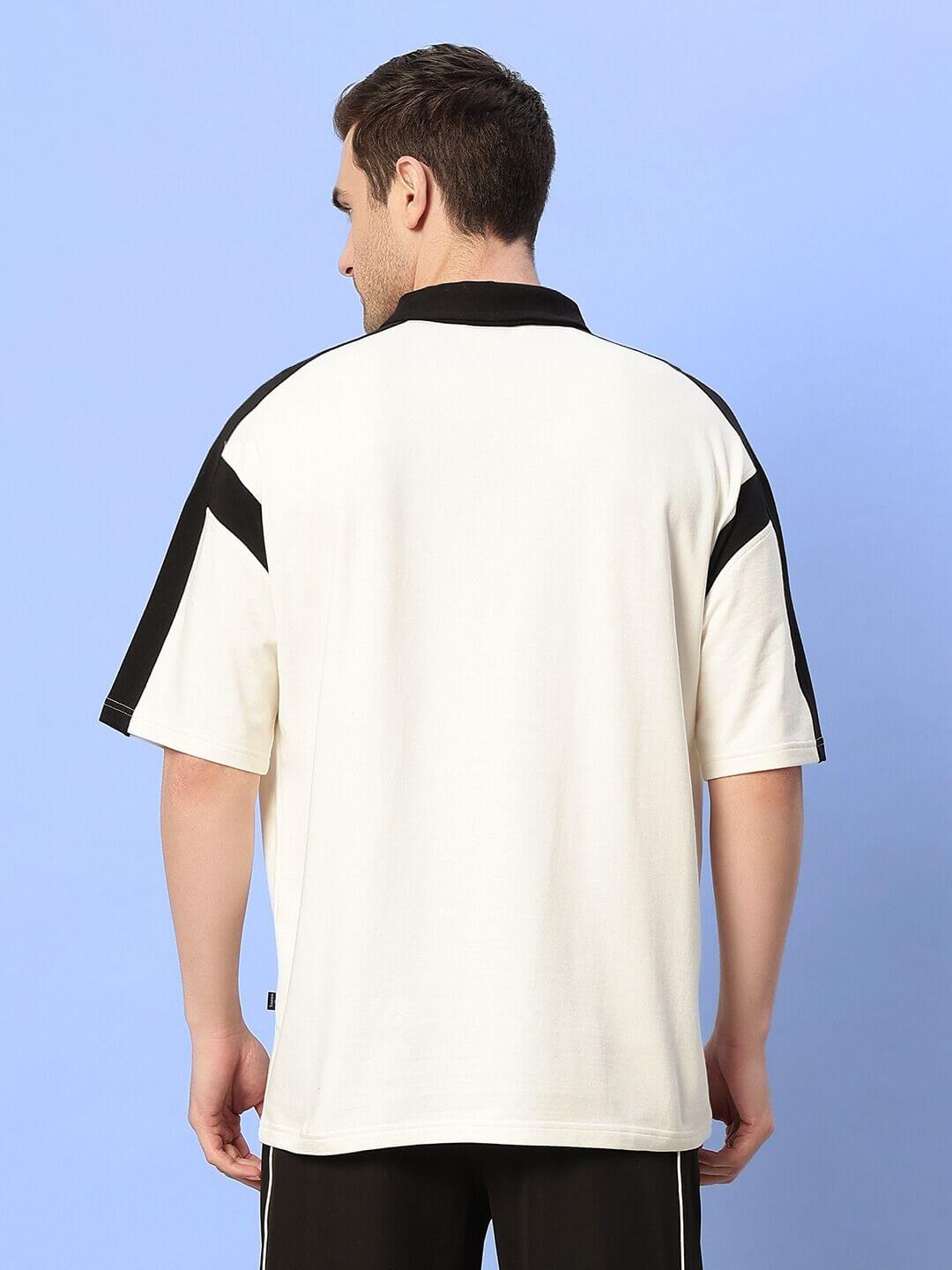 Back view of MIKE Polo Classic T-Shirt in off-white with premium cotton fabric, featuring a stylish design by Color By Colours, made in India.