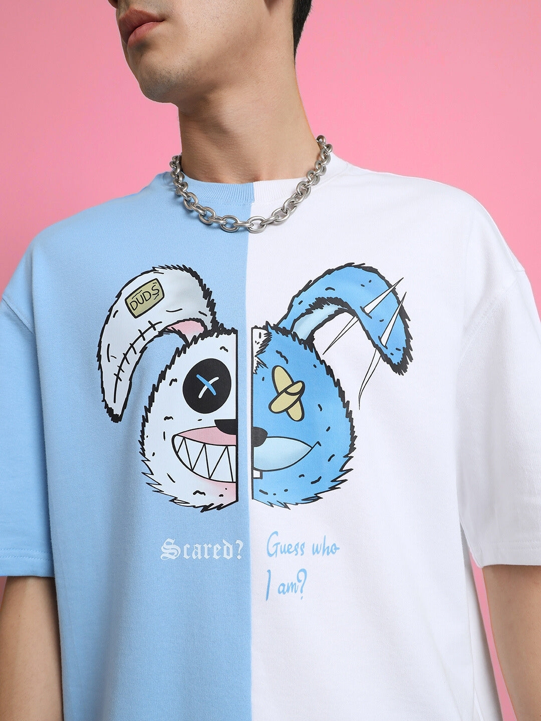 Scared Teddy Oversized T-Shirt (Sky Blue-White)