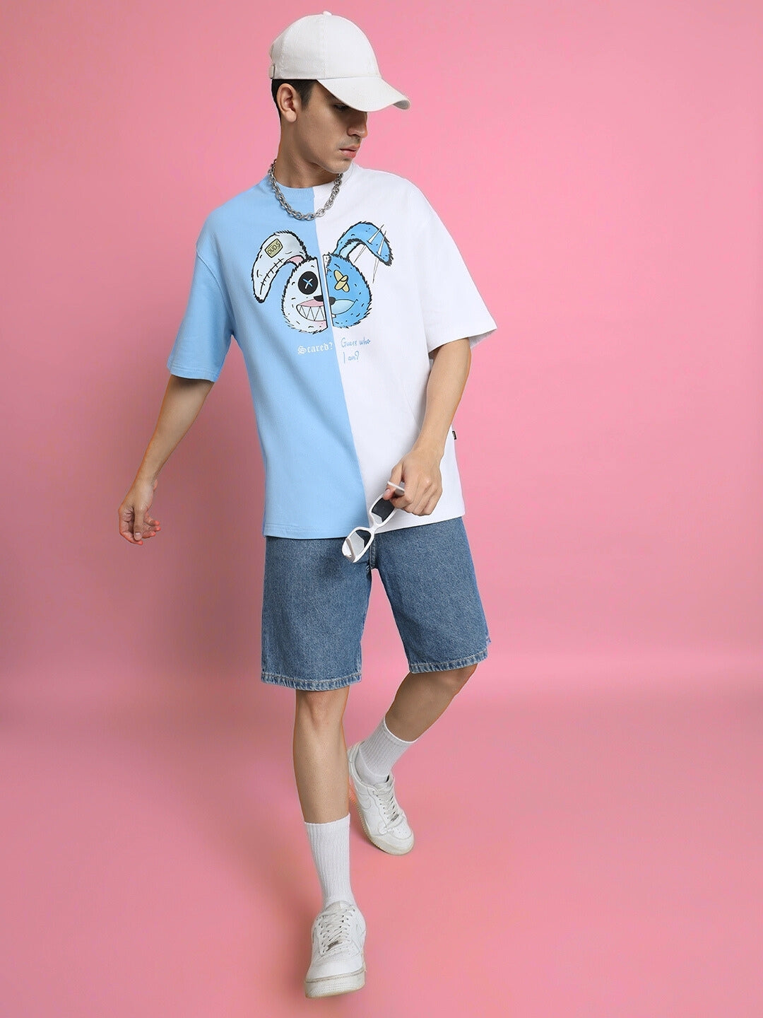 Scared Teddy Oversized T-Shirt (Sky Blue-White)