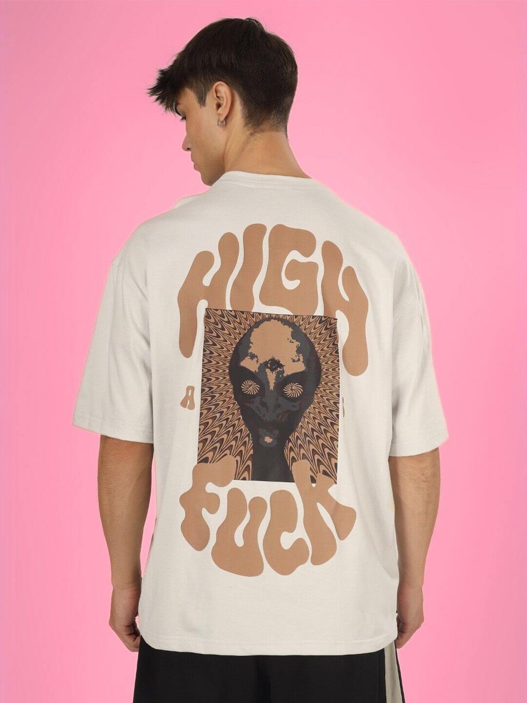 Back of HIGH AS FUCK OVER-SIZED T-SHIRT BUTTER CREAM with bold graphic on pink background.