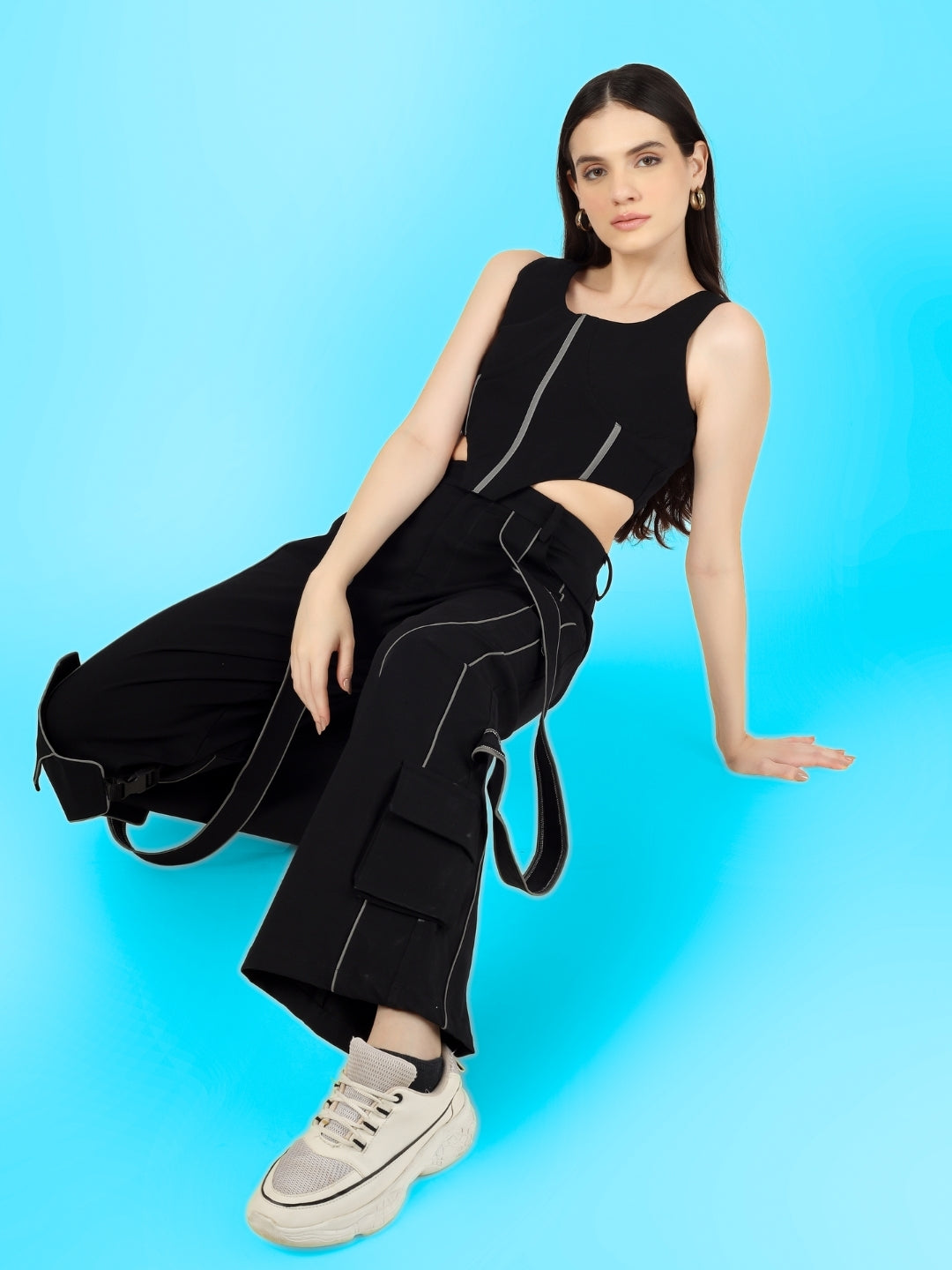 Women's Reflective Co-Ord Set Corset Top with Reflective Carpenter Pant