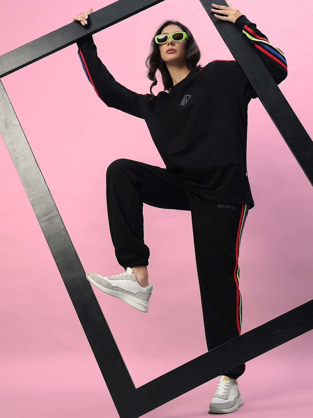 WOMEN'S DUDS RAINBOW COLORFUL STRIPE JOGGERS (BLACK)