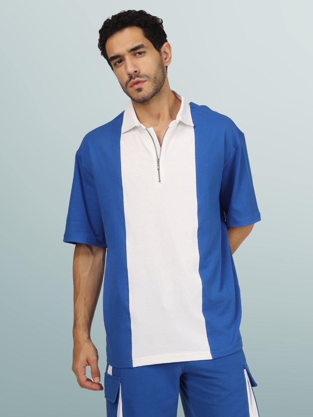 Royal Blue & White Oversized Polo Zipper T-Shirt - Wearduds