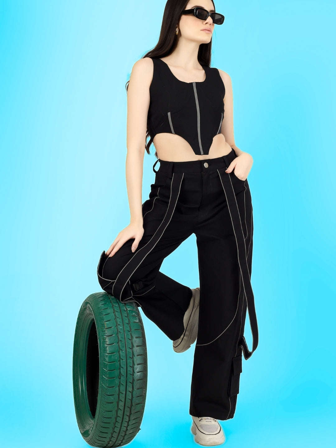 Women's Reflective Co-Ord Set Corset Top with Reflective Carpenter Pant