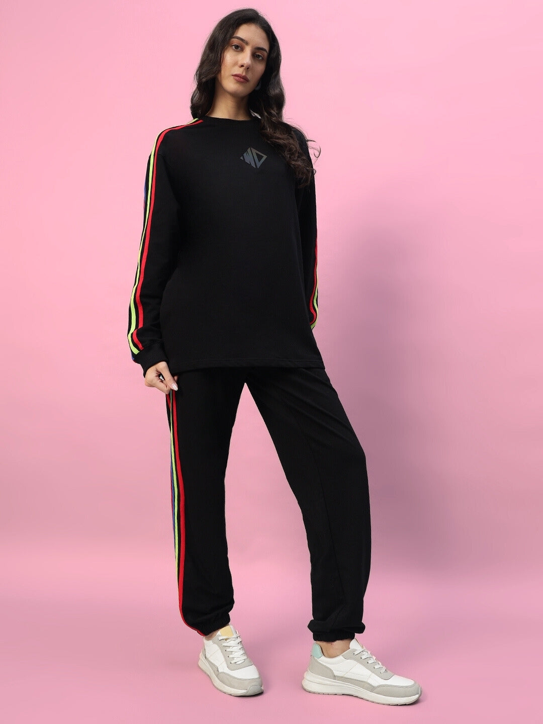 WOMEN'S DUDS RAINBOW COLORFUL STRIPE JOGGERS (BLACK)