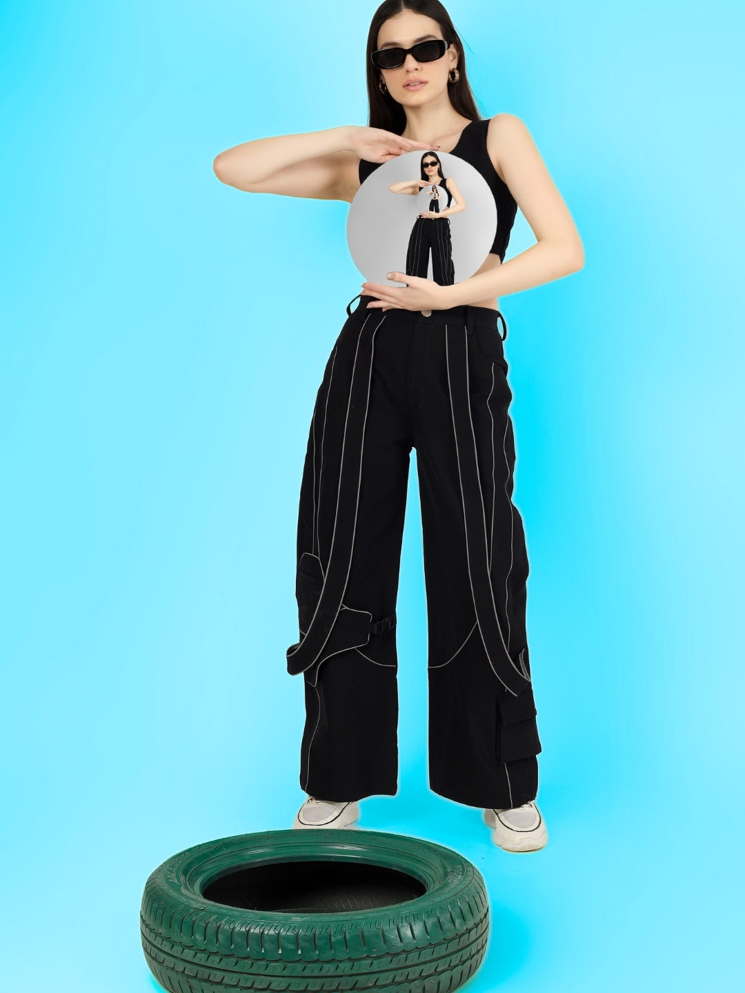 Women's Reflective Co-Ord Set Corset Top with Reflective Carpenter Pant