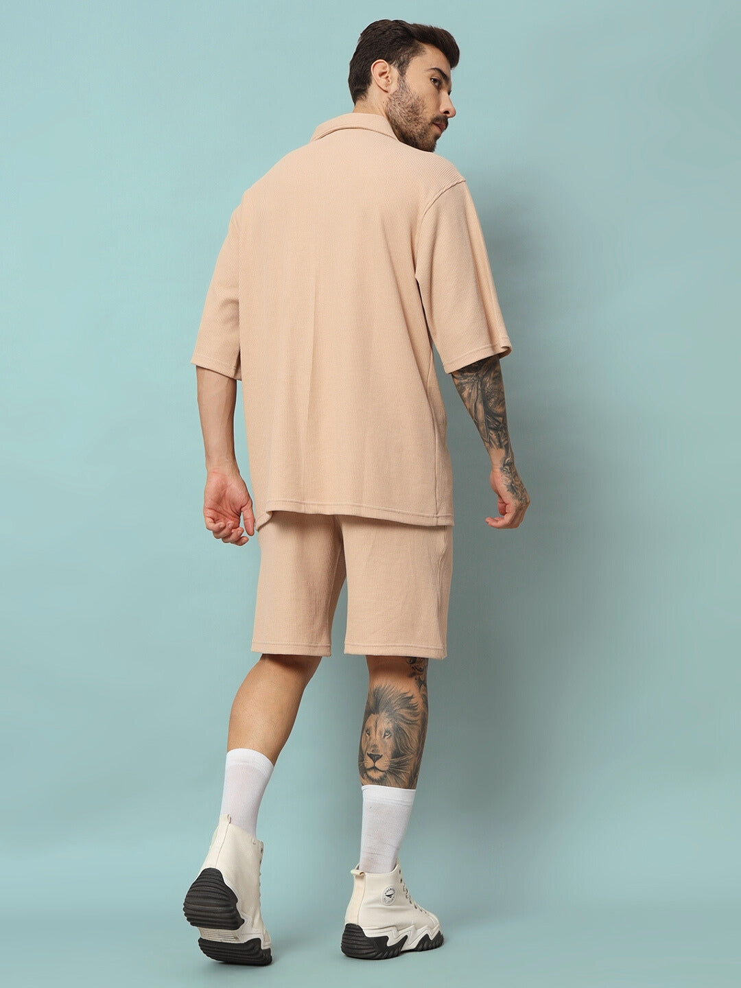 WAFFLE SOLID RESORT SHIRT CO-ORD SET (BEIGE)
