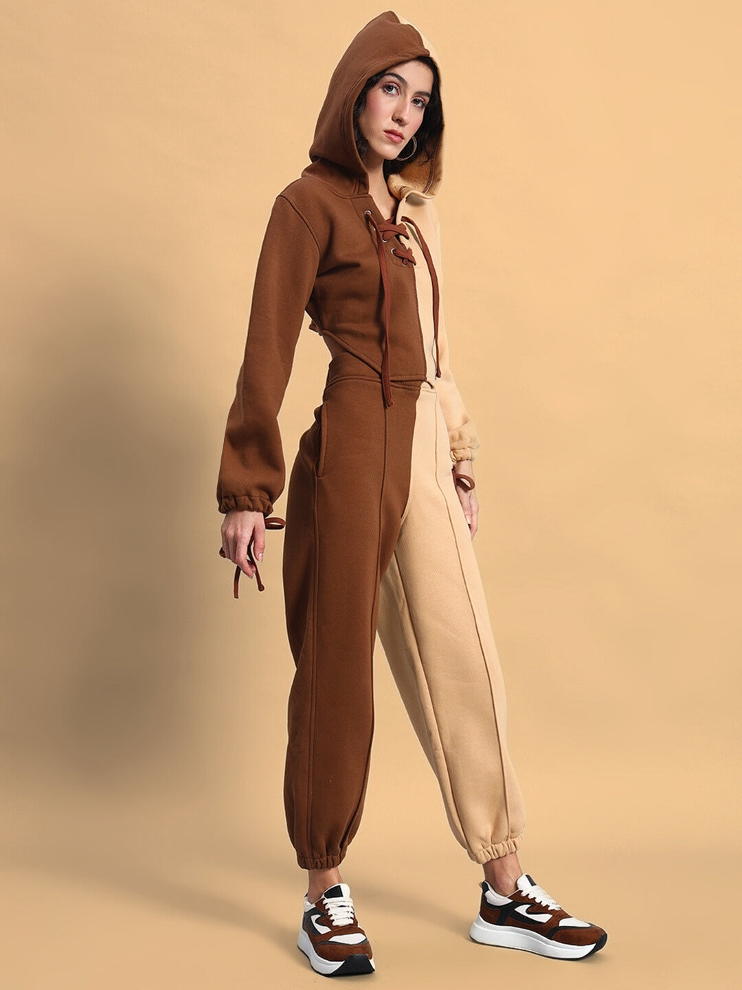 Women's Sophia Co-Ord Set in beige-brown with hood, soft fabric, and flattering fit - stylish and versatile outfit.