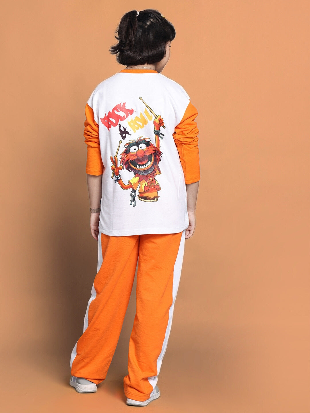 Rock & Roll Oversized Co-Ord Set For Boys & Girls (White-Orange)