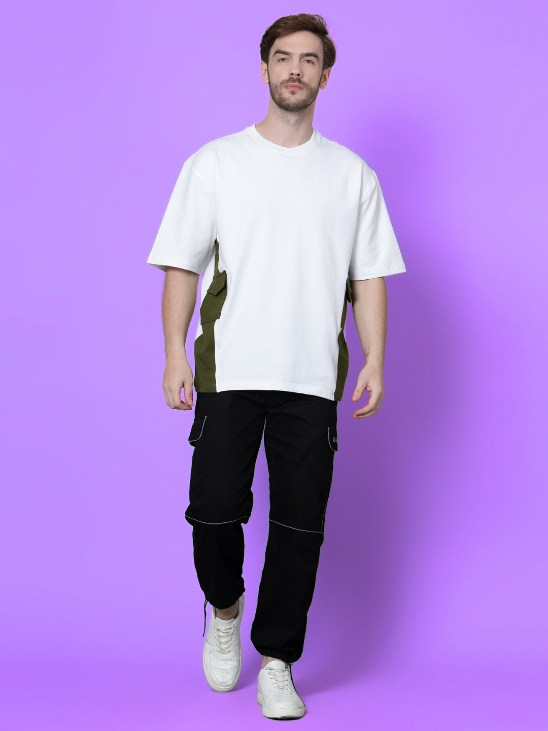 White & Military Green Pocket Over-Sized T-Shirt