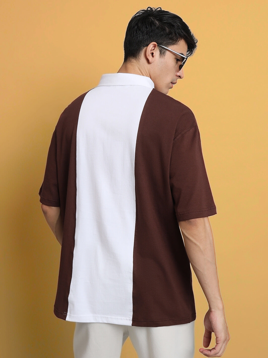 CONTRAST POLO OVERSIZED ZIPPER T-SHIRT (BROWN-WHITE)
