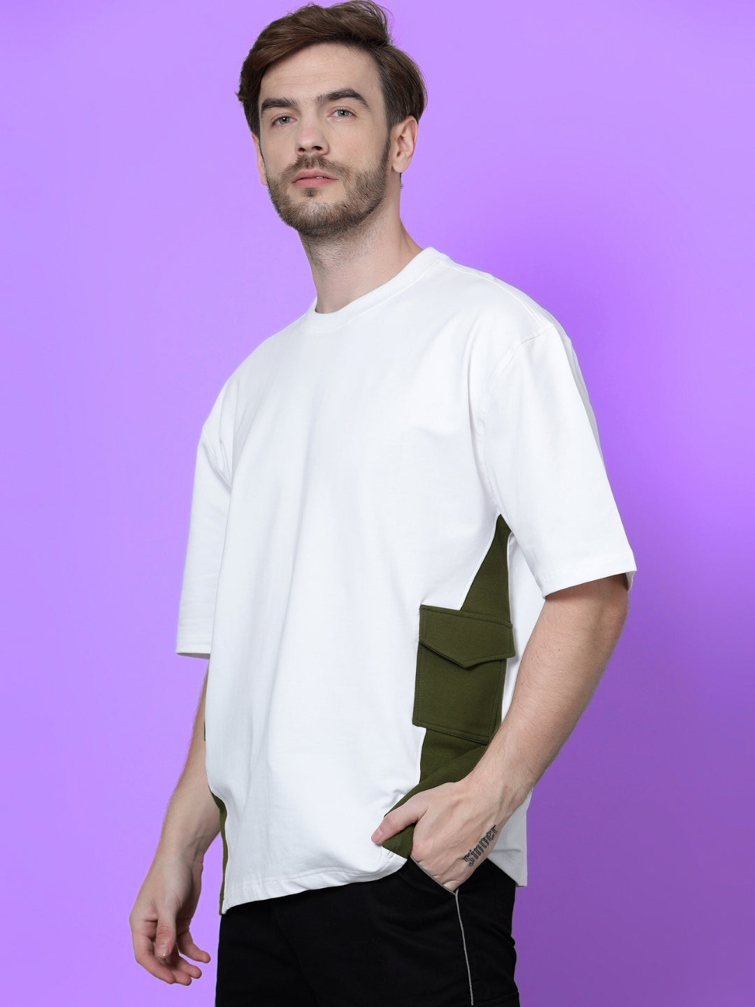 White & Military Green Pocket Over-Sized T-Shirt