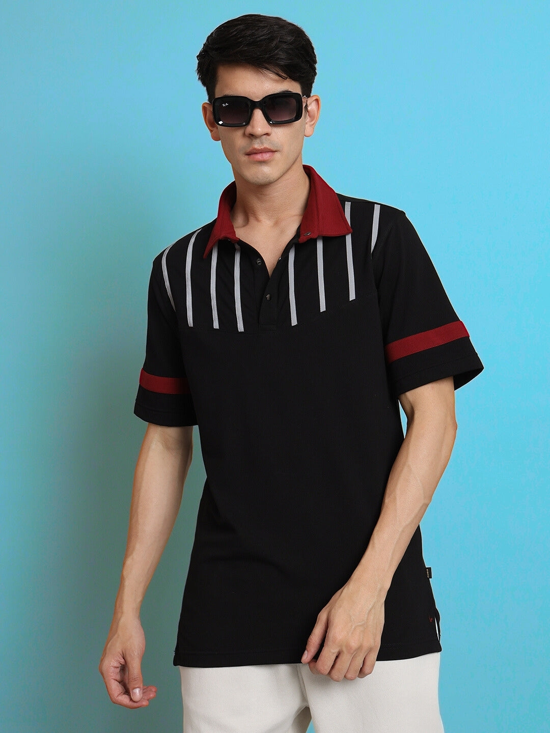 Black Reflector Stripe Polo Neck T-Shirt