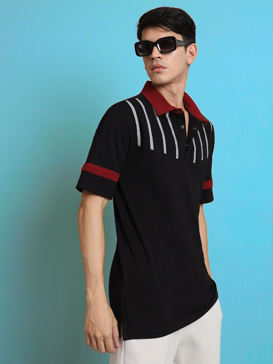 Black Reflector Stripe Polo Neck T-Shirt