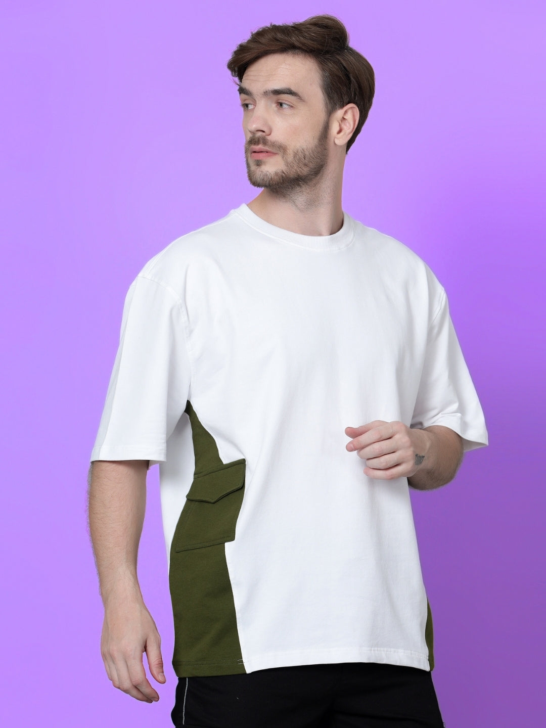 White & Military Green Pocket Over-Sized T-Shirt