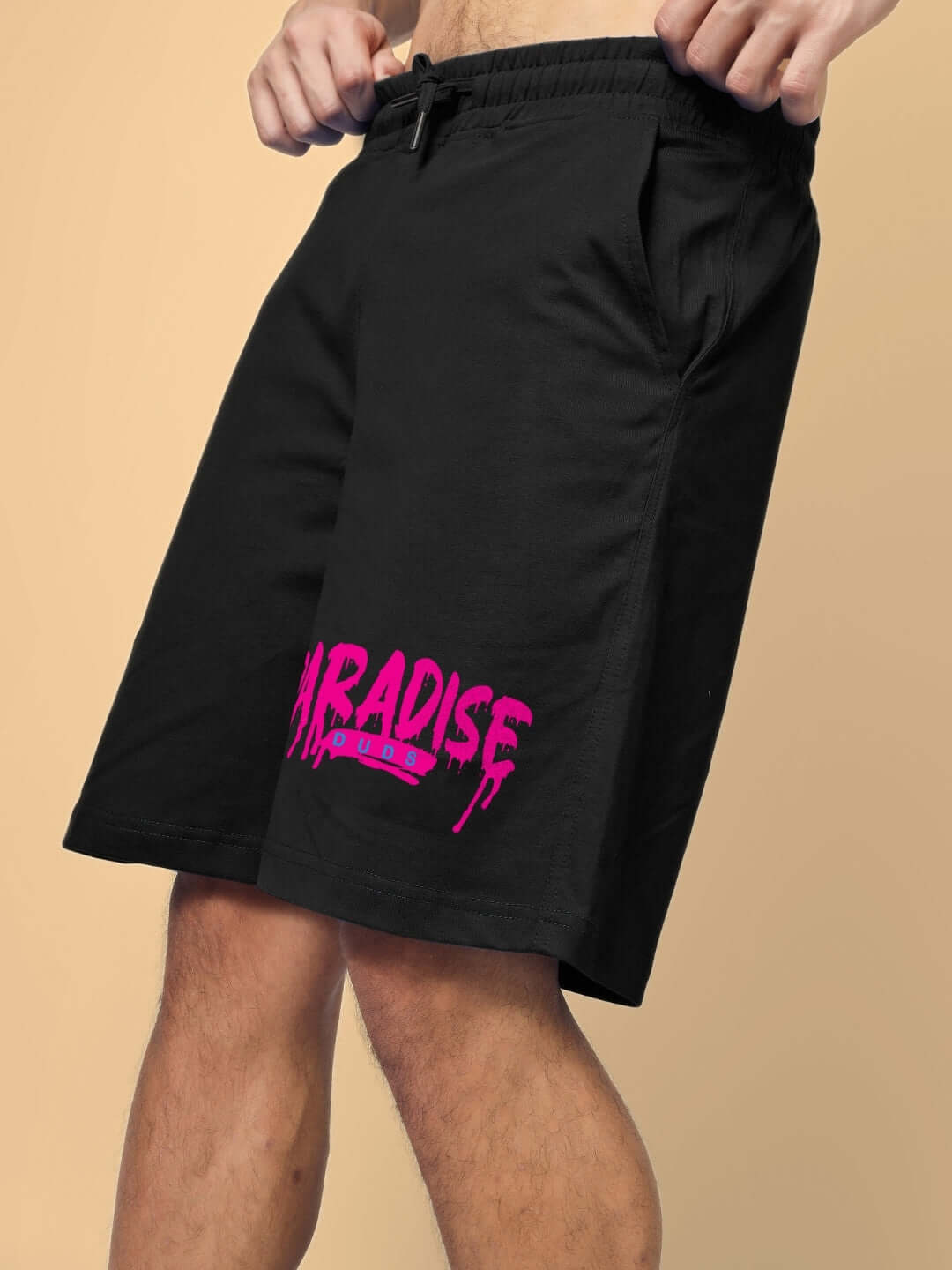 FULNESS PARADISE Summer Shorts in black with pink lettering, customizable fit, handmade with dedication for comfort and style.