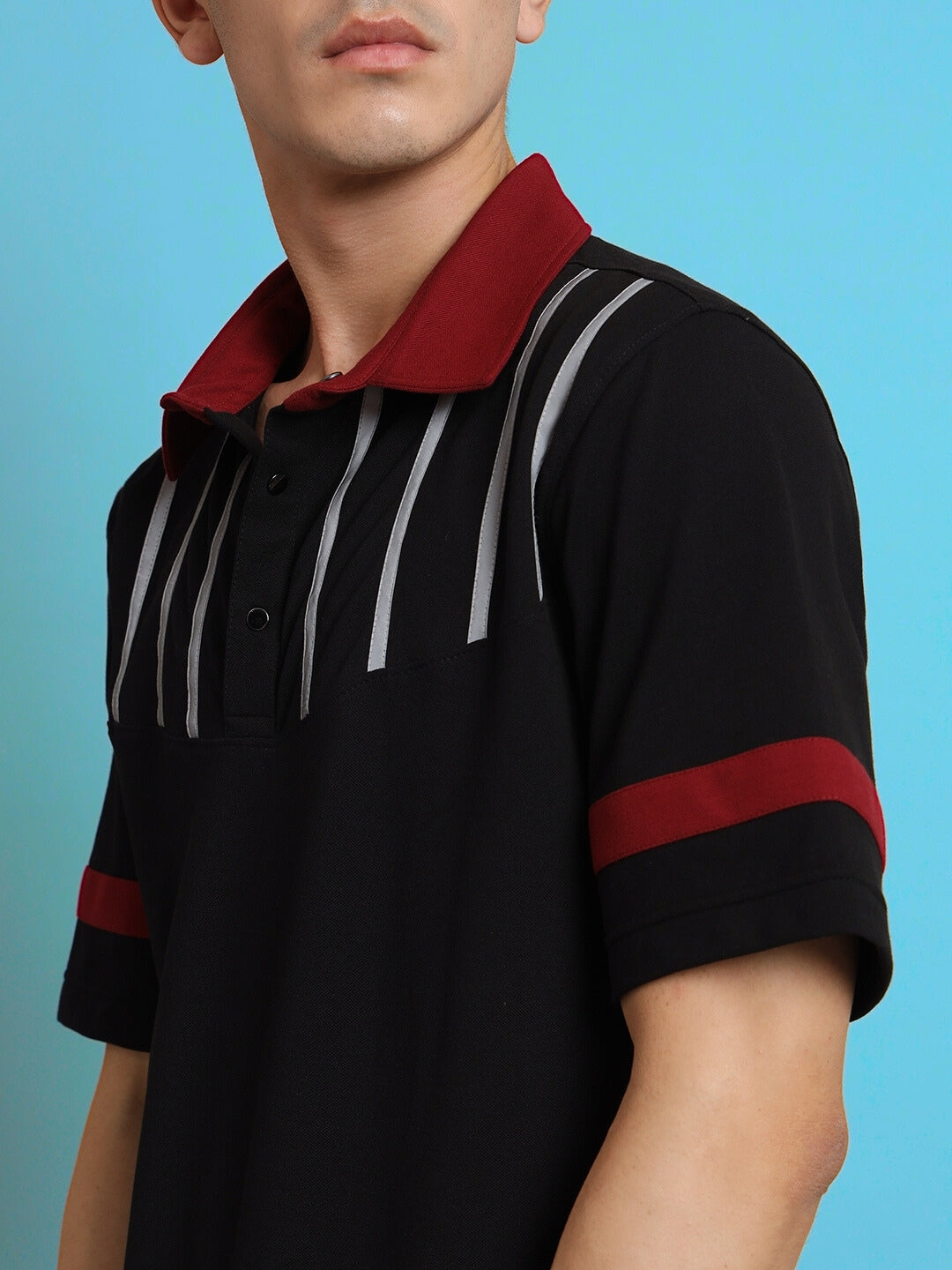 Black Reflector Stripe Polo Neck T-Shirt