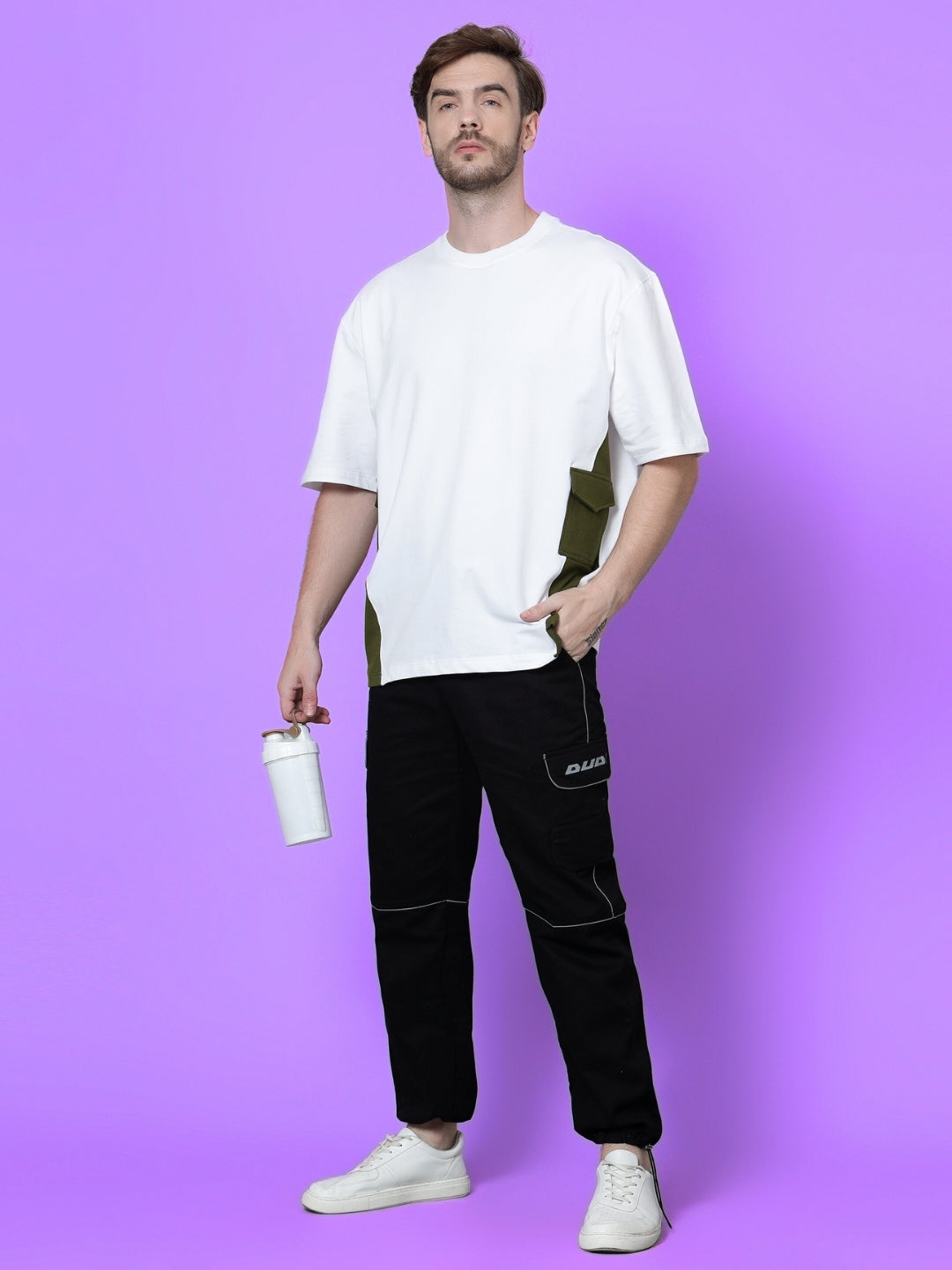 White & Military Green Pocket Over-Sized T-Shirt