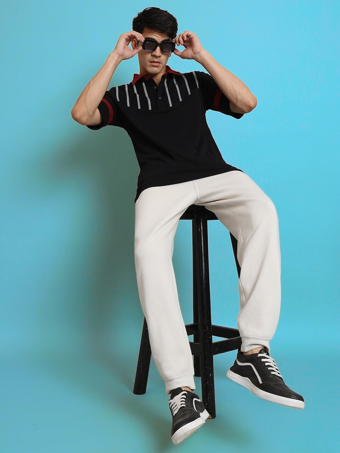 Black Reflector Stripe Polo Neck T-Shirt