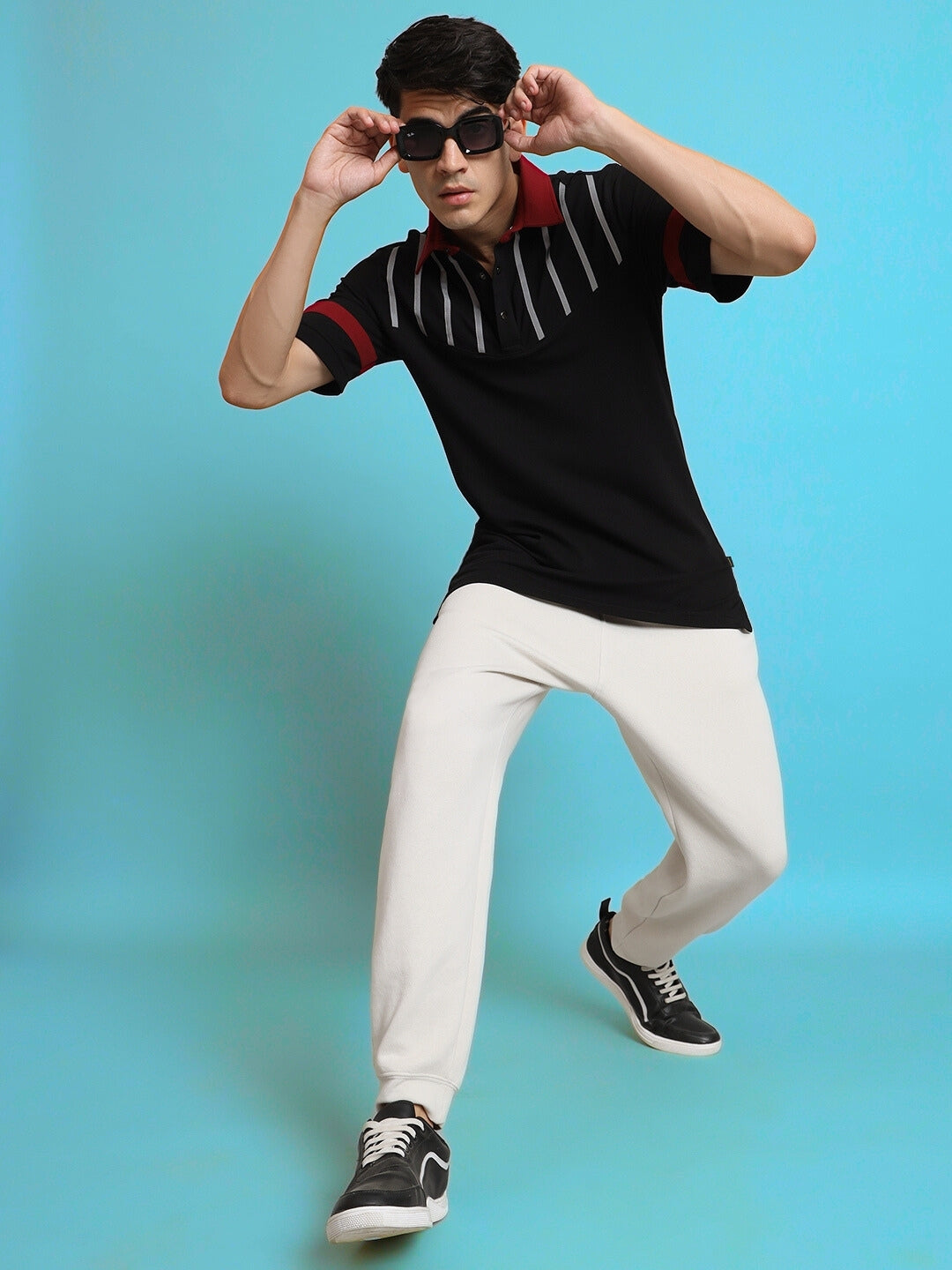 Black Reflector Stripe Polo Neck T-Shirt