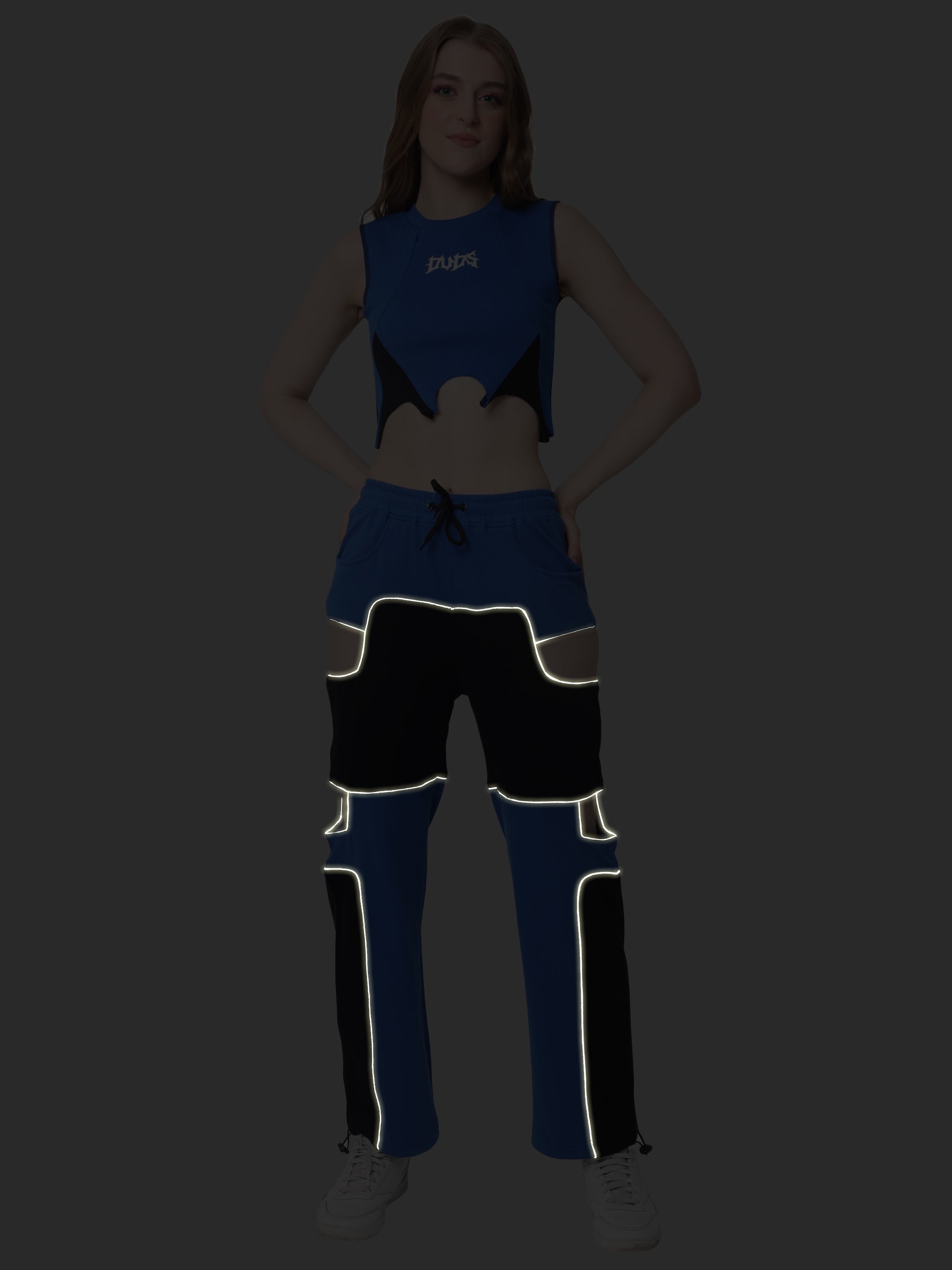 Co-Ord Set with Ribbed Crop-Top and Reflector Pants (Blue) - Wearduds