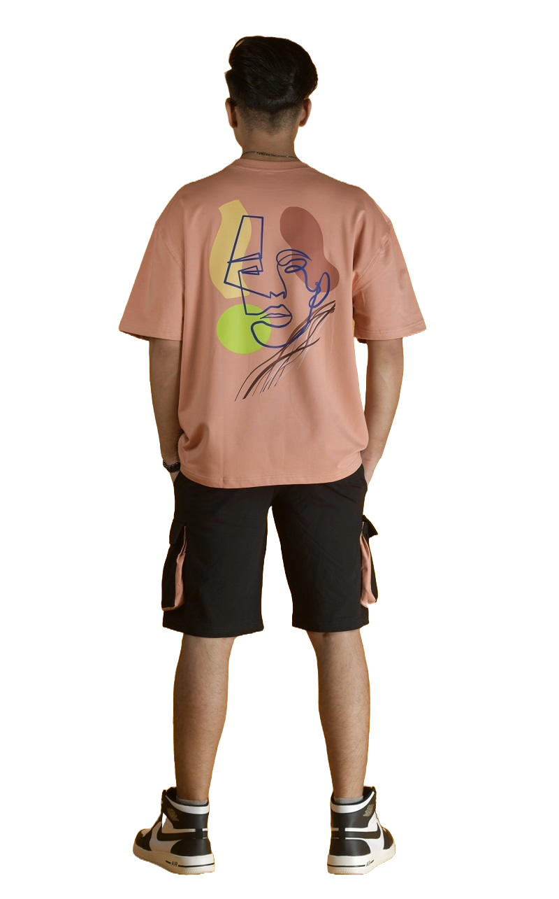 Co-Ord Set Cargo Shorts with Abstract Face OS T-Shirt (Peach/Black) - Wearduds