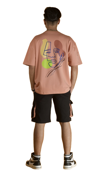 Co-Ord Set Cargo Shorts with Abstract Face OS T-Shirt (Peach/Black) - Wearduds