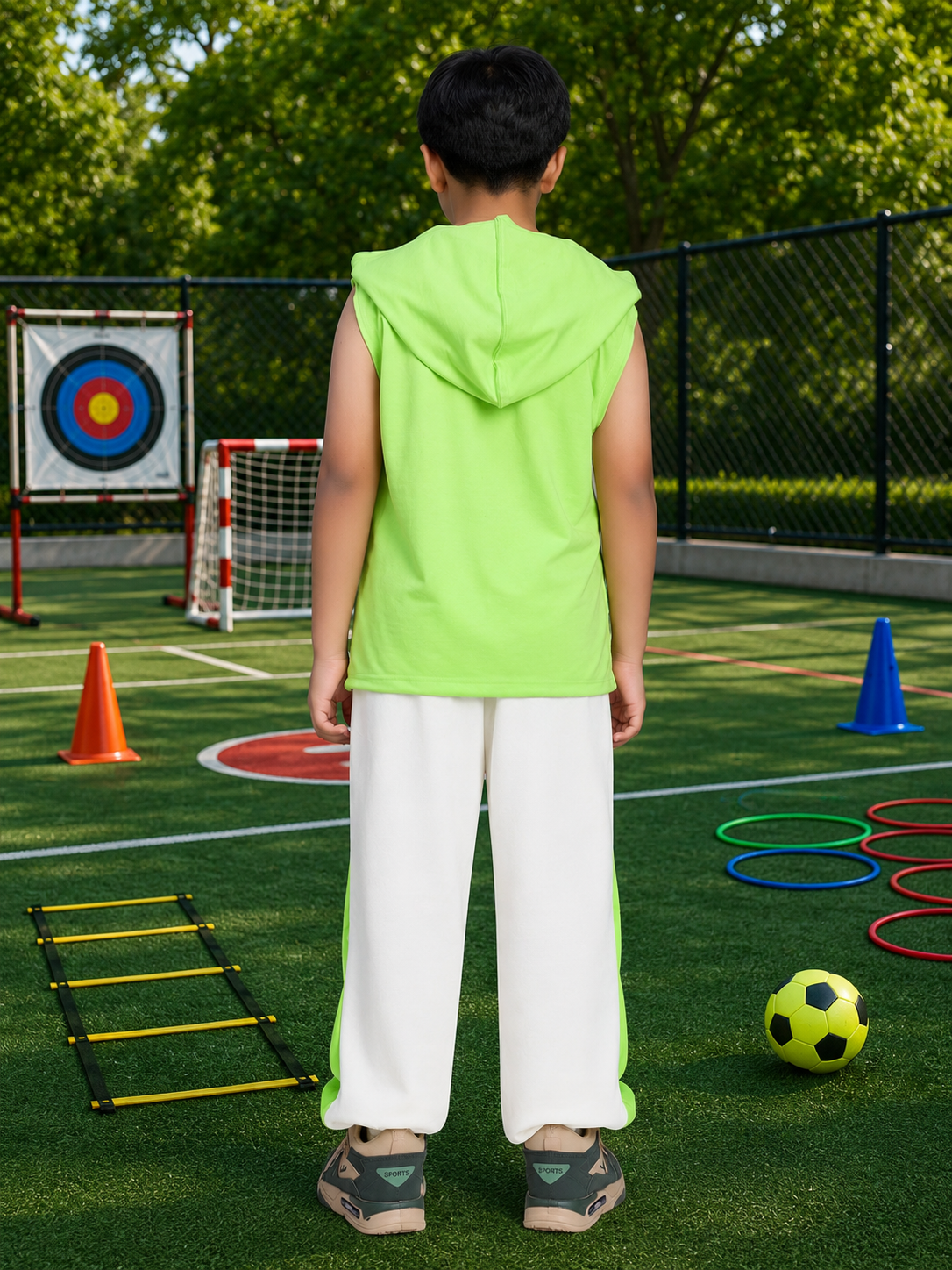 CURIOUS CAT HOODED CO-ORD FOR BOYS GIRLS NEON OFF WHITE