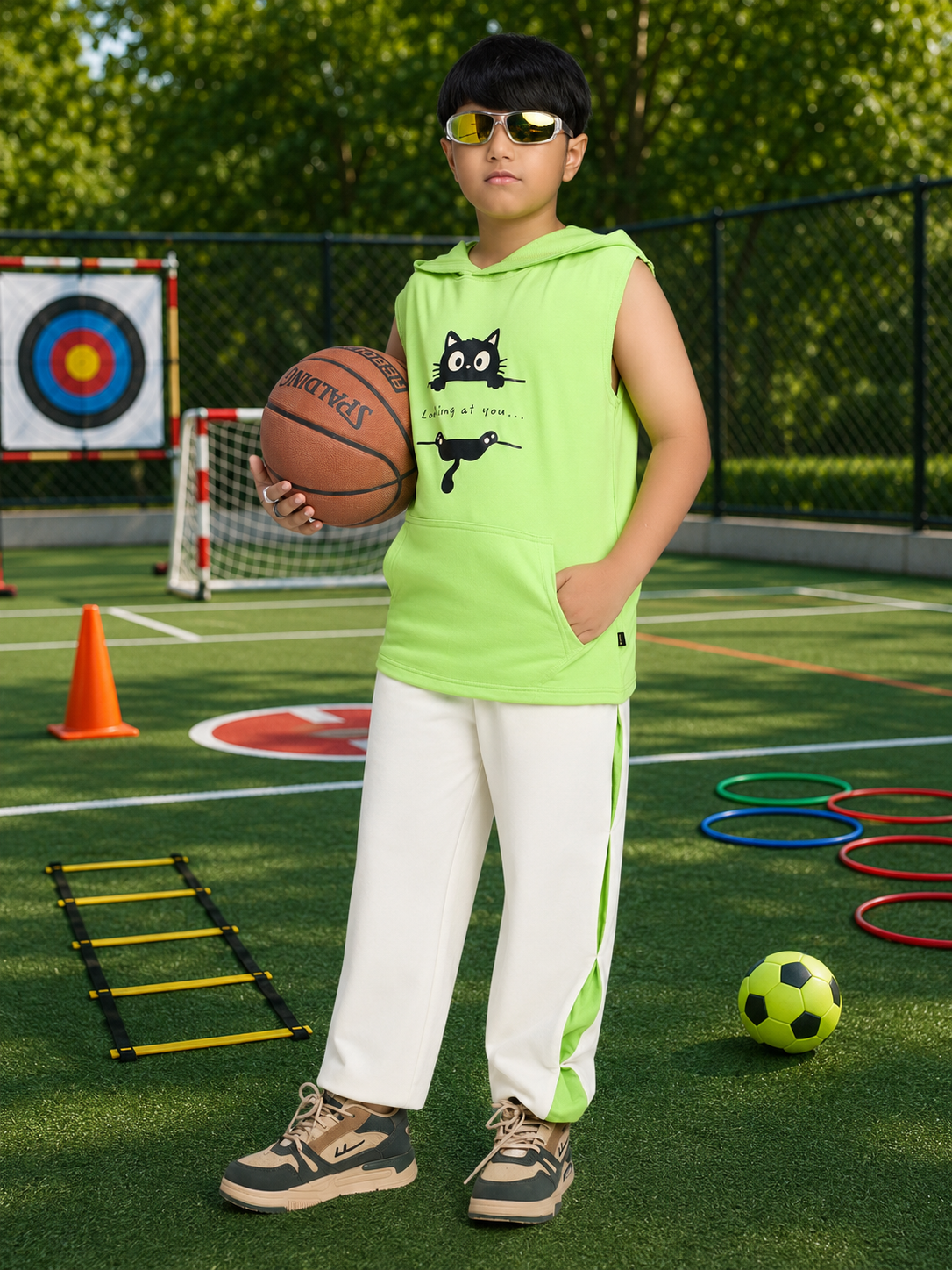 CURIOUS CAT HOODED CO-ORD FOR BOYS GIRLS NEON OFF WHITE