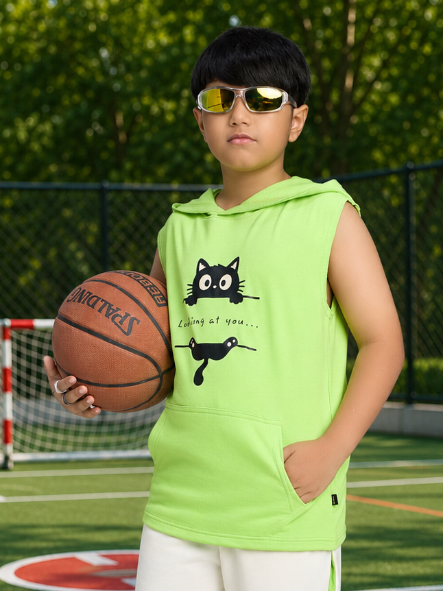CURIOUS CAT HOODED T-SHIRT FOR BOYS GIRLS NEON GREEN
