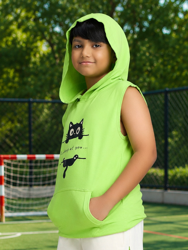 CURIOUS CAT HOODED T-SHIRT FOR BOYS GIRLS NEON GREEN