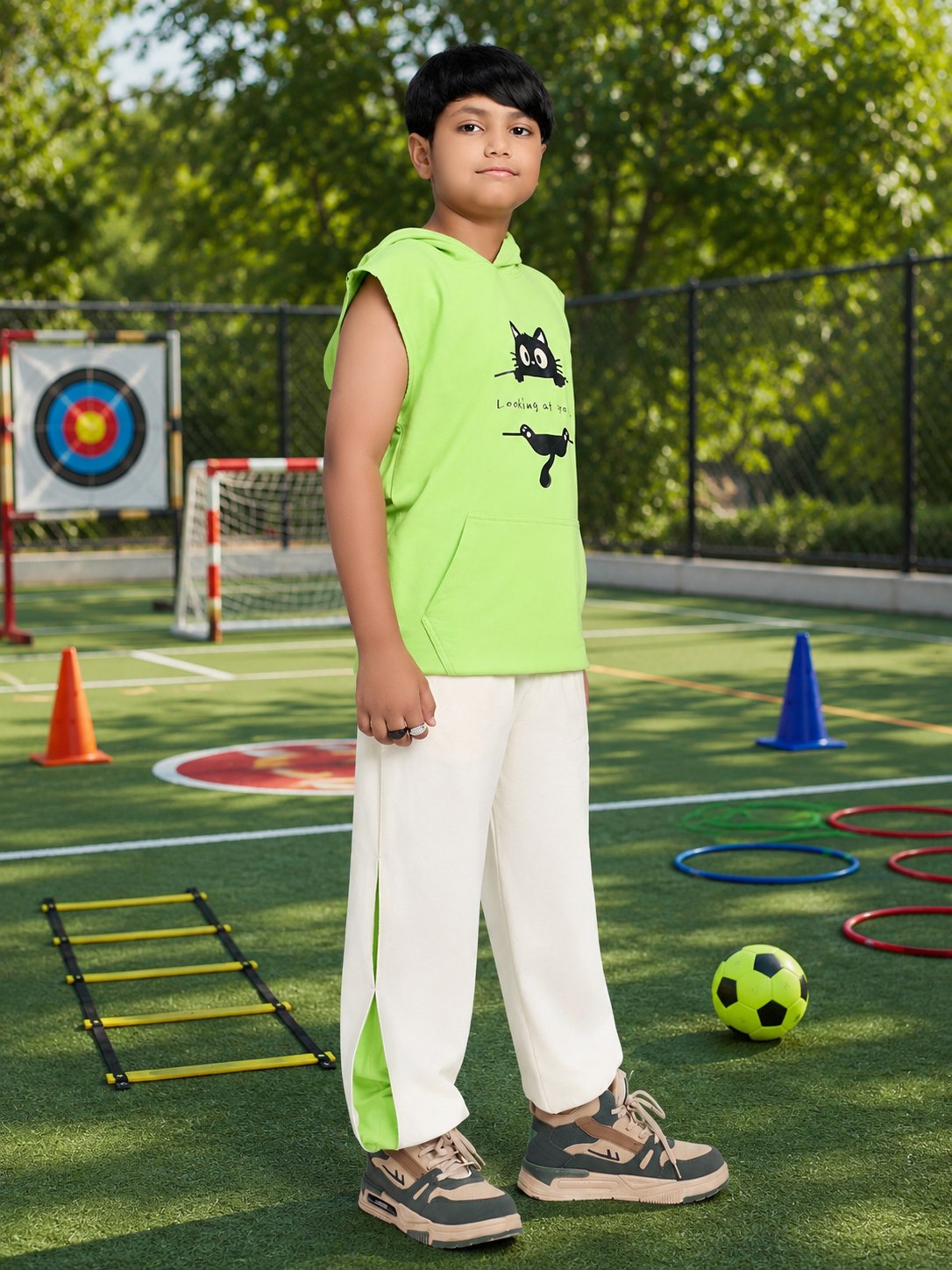 CURIOUS CAT HOODED CO-ORD FOR BOYS GIRLS NEON OFF WHITE