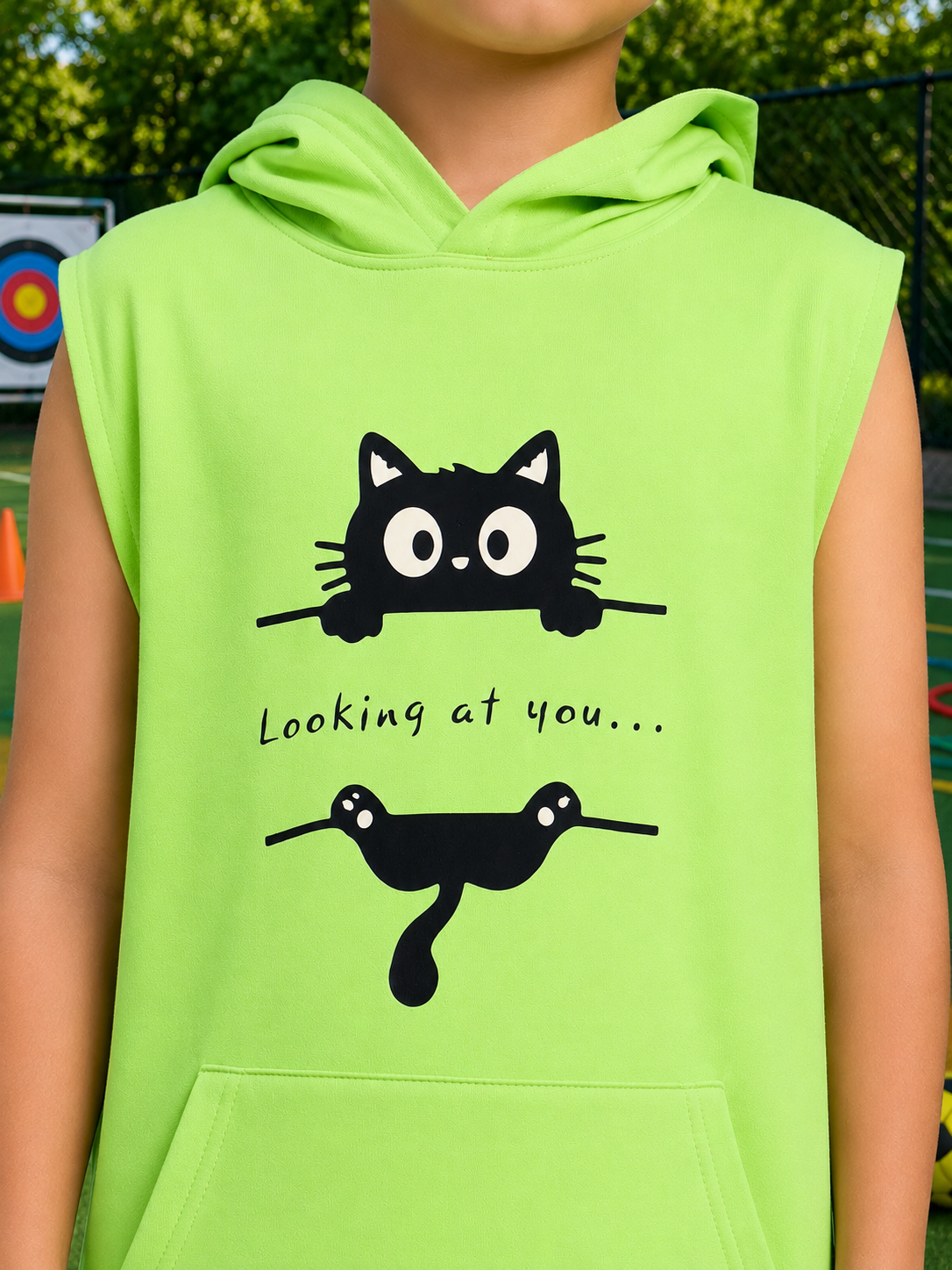 CURIOUS CAT HOODED T-SHIRT FOR BOYS GIRLS NEON GREEN
