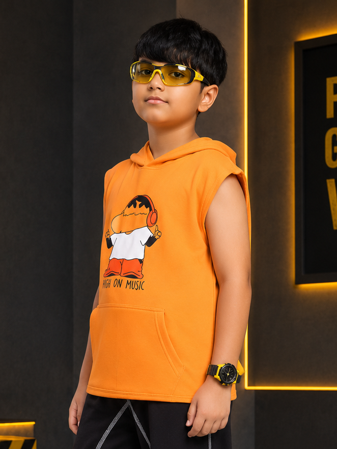 BEAT MODE SLEEVELESS HOODED T-SHIRT FOR BOYS GIRLS ORANGE